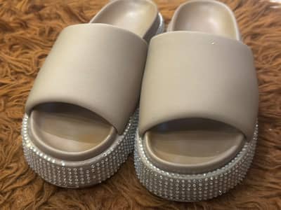 Luxe Rhinestone Slide Sandals - Beige