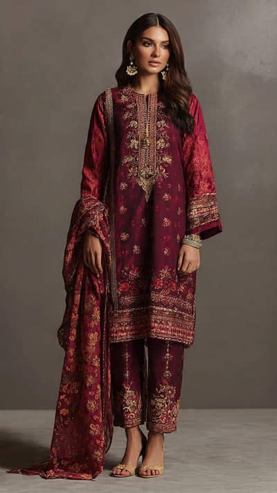 Junaid Jamshed royal red 3 piece suit