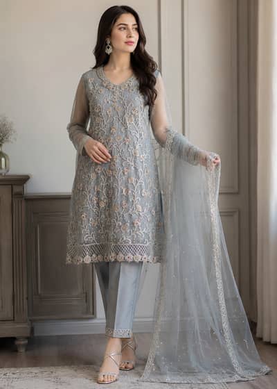 3 pcs grey net dress with hand embellished work