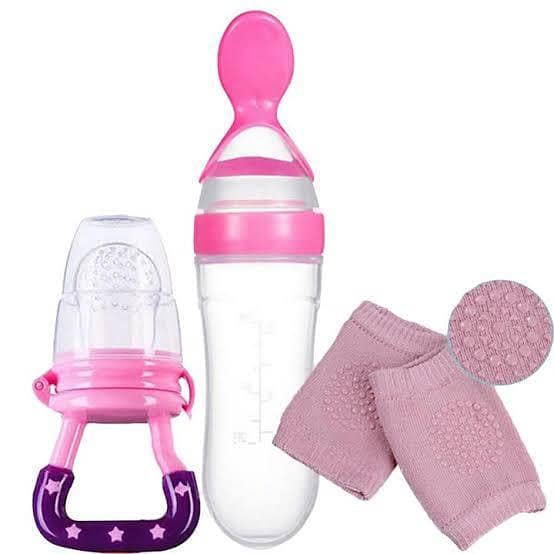 Set of 3 Silicone Squeeze Baby Spoon Feeders with Fruit Pacifier and Crawling Kneepads for Infants and Toddlers
