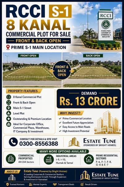 RCCI S-1 8 Kanal Commercial Plot for Sale Front & Back Open | Prime S-1 Main Location