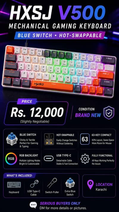 HXSJ V500 60% Layout Mechanical Keyboard Blue Switches Hot Swappable