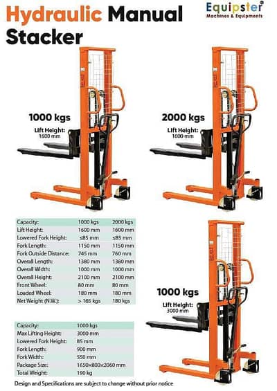 2 Ton Manual Pallet Stacker / Hydraulic Lifter / Warehouse Forklift
