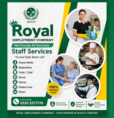 100% verified All Types Maids. Baby Care,Patient Care Cook Drivers
