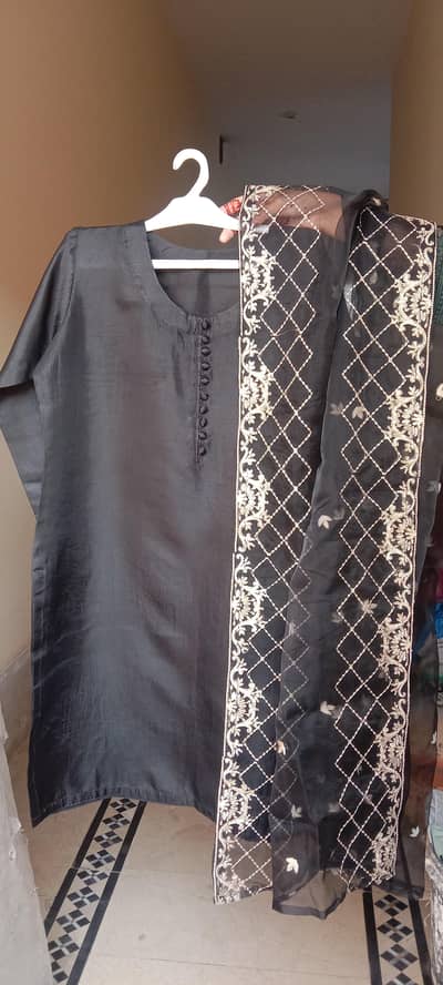 Beautiful Black Raw Silk Suit with Embroidered Organza Dupatta