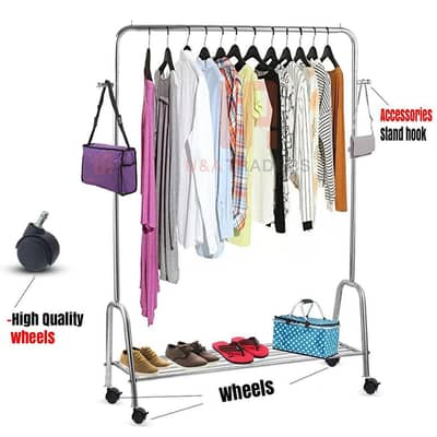 Silver Wardrobe Organizer with wheels and hooks.