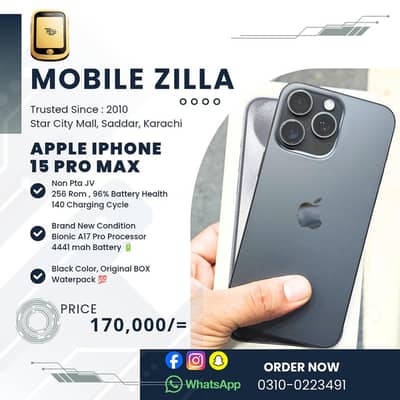 IPhone 15 Pro Max, Original Box, Like New, Non PTA,  MOBILE ZILLA