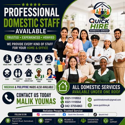 Verified Domestic Staff in Lahore | Maids, Nannies, Cooks & Drivers