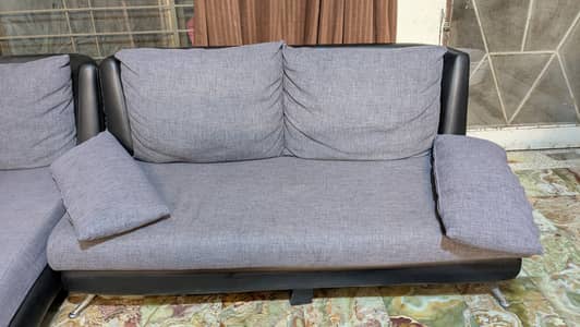 Modern 7+ Seater L-Shaped Sofa | Plush Jute Fabric & Leatherette Base