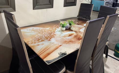 ​6 Seater Glass Dining Table with Iron Frame (Chairs Included)
