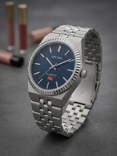 Premium Men’s Silver Stainless Steel Quartz Watch – Blue Waffle Dial