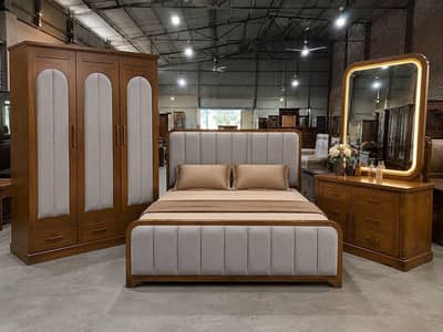 Sold wooden structure bed with side table and dressing