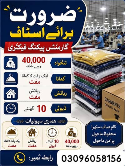 Garment packing job staff required in Lahore