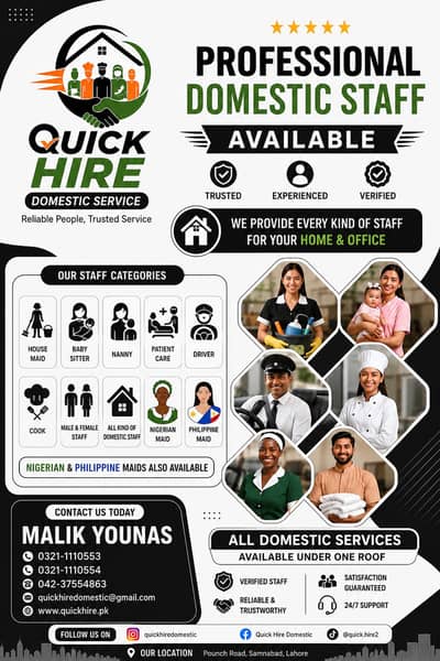 Maids, Cooks, Drivers, Nannies, Babysitters & Patient Care | Lahore