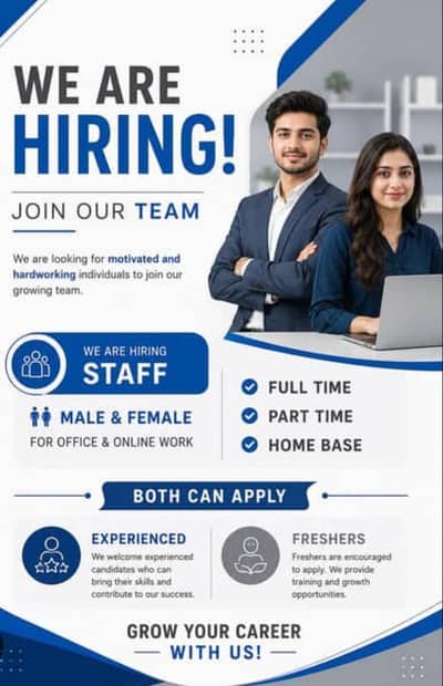we are hiring male and female freshers or experienced