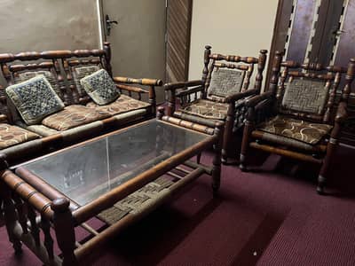 5 seater Wooden Sofa Set with Matching Glass Top Tables