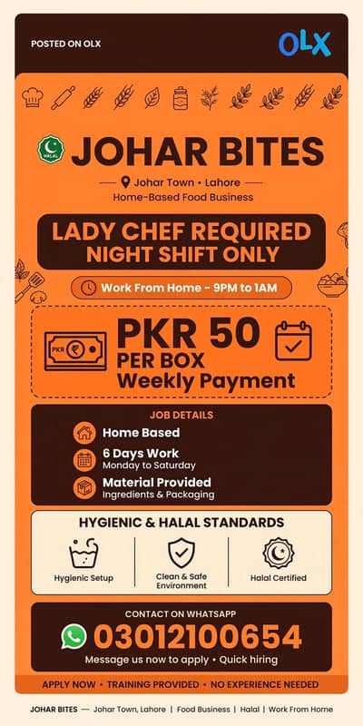 Home-Based Lady Chef Required - Night Shift Only