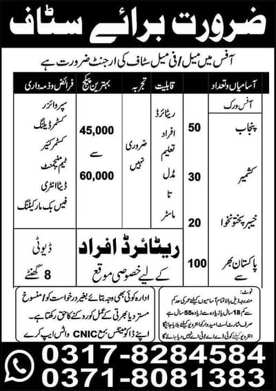 آفس ورک کے لیے کوالیفائیڈ اور تجرب کار لوگوں کی ضرورت ہے