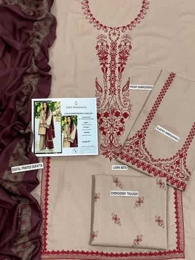 3 PCs law embroidered dress unstitched