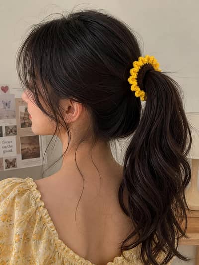 Hand made crochet sunflower hair scrunchie