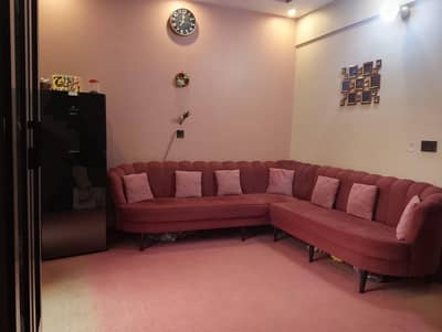 L- shape sofa set with carpet and long size curtains are for sale urg
