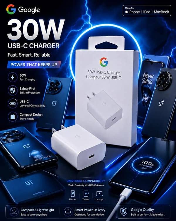 Google 30W USB-C Fast Charger Power Adapter, Ultra Compact Travel Ready Wall Charger with Built-in Safety Protection, Universal Compatibility for iPhone 15/14/13, iPad, MacBook, OnePlus, & Android Phones