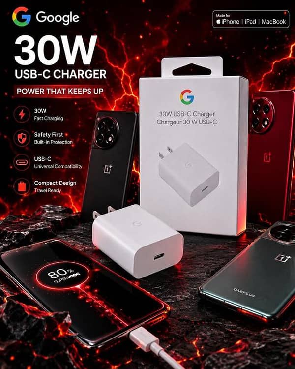 Google 30W USB-C Fast Charger Power Adapter, Ultra Compact Travel Ready Wall Charger with Built-in Safety Protection, Universal Compatibility for iPhone 15/14/13, iPad, MacBook, OnePlus, & Android Phones