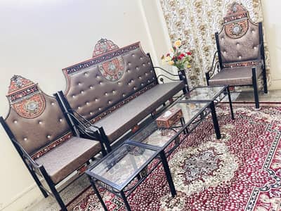 05 x Seater Iron Fancy Sofa Set with 03x Center Table with Gl