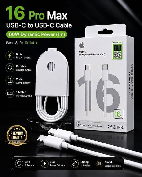 16 Pro Max 60W USB-C to USB-C Fast Charging Cable [1m] Premium Braided Type-C Data Sync Cord for iPhone, iPad, MacBook & Android Smartphones