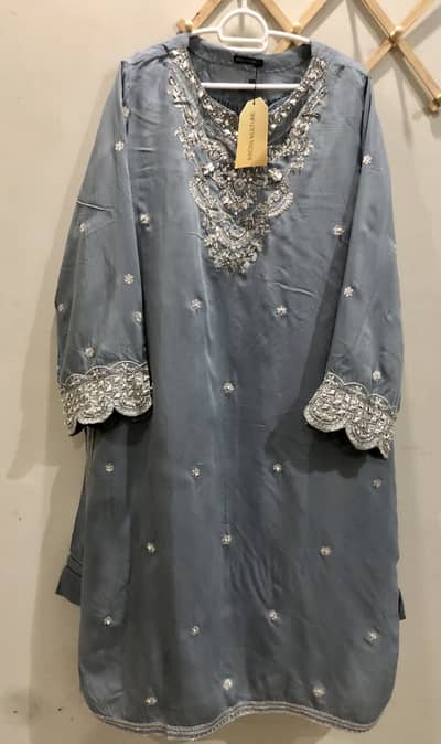 Raw silk steel blue coloured fancy work 3p in XL