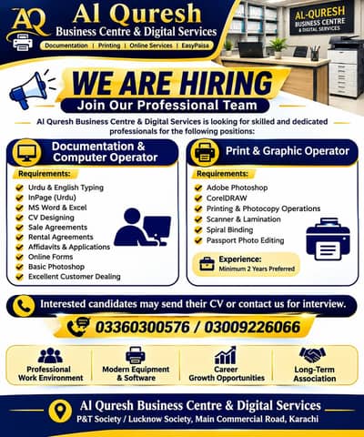 Computer Operator Required ( InPage,MS Office, Photoshop & Printing )