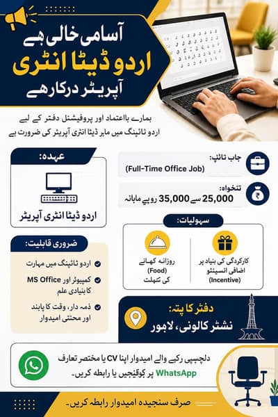 Urdu Data Entry Operator full time job  in Lahore