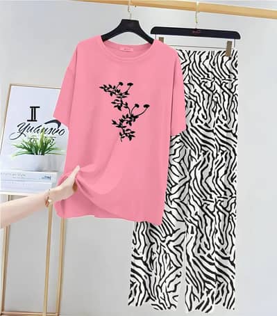 ⁠2 Pcs Women's Printed Night Suit Pink - Soft Cotton⁠