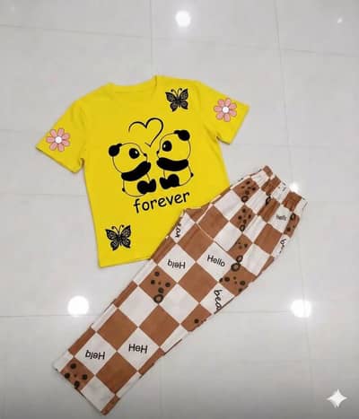 ⁠2 Pcs Women's Printed Panda Night Suit Yellow - Soft Cotton⁠