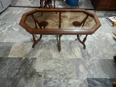 Wooden Coffee Table & Side Table Set with Glass Top / Center Table Set