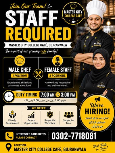 college cafe ka liya male and female staff required ha