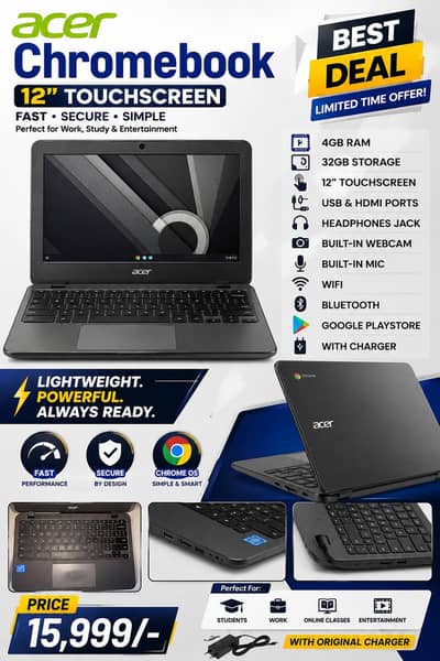 Acer Touchscreen Chromebook 4/32, 15,999/-