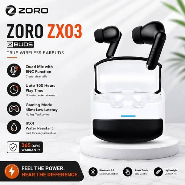 ZORO ZX03 Wireless Earbuds - Bluetooth 5.3 TWS Earbuds with ENC Quad Mic, 100H Playtime, Gaming Mode 45ms Low Latency, IPX4 Waterproof, Lightweight Comfort Fit