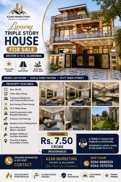 G+11/3 Prime location Triple story house 30x60 70ft wide street for sale