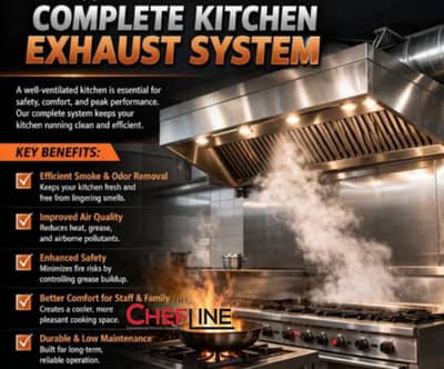 Exhaust hood, ducting works, chimney, blower, fryer, hot plate, oven