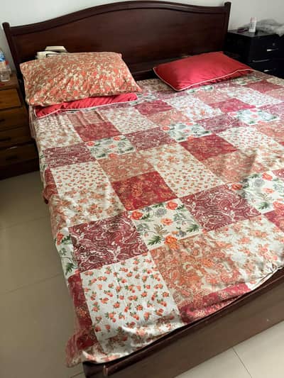 Wooden Queen bed, side tables and mattress in good condition