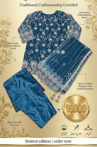 Luxury Blue 3 Piece Embroidered Suit | Chiffon Dupatta | Raw Silk Trou