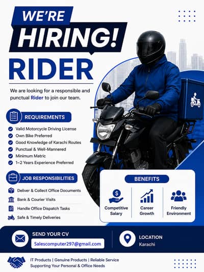 Urgent Hiring Office Rider | Full Time Job | Karachi | Hiring Office