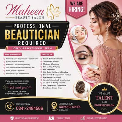 beautician required for saloon professionalist and expert