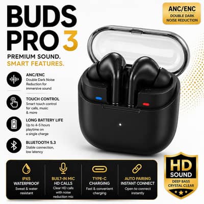 Buds Pro 3 Wireless Bluetooth Earbuds – Black | HD Stereo Sound