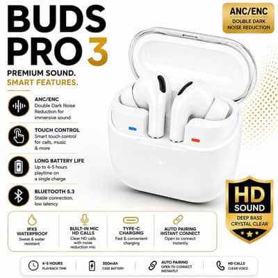 Buds Pro 3 Wireless Bluetooth Earbuds – White | HD Stereo Sound