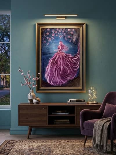 Handmade fantasy woman canvas painting| purple gown & cherry blossom