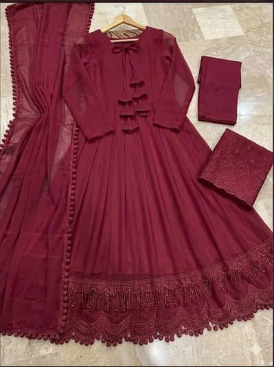 3 Pcs Women's Stitched Chiffon Maxi Suit – Maroon | New
