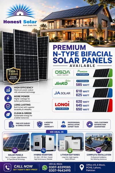 Premium N-Type Bifacial Solar Panels | Jinko | JA Solar | LONGi Hi-MO
