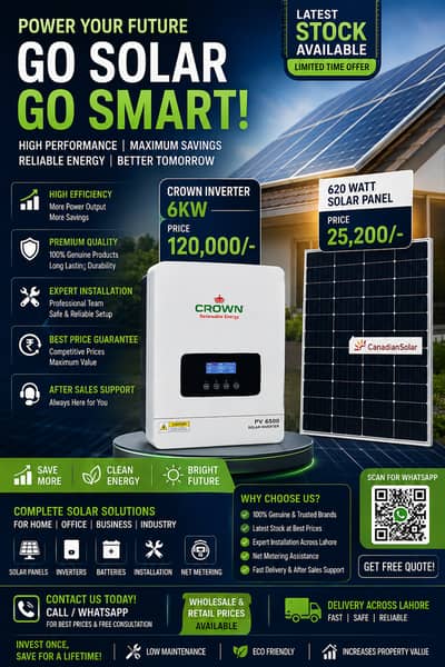 Crown 6KW Solar Inverter + 620W Solar Panels | Best Price in Lahore |